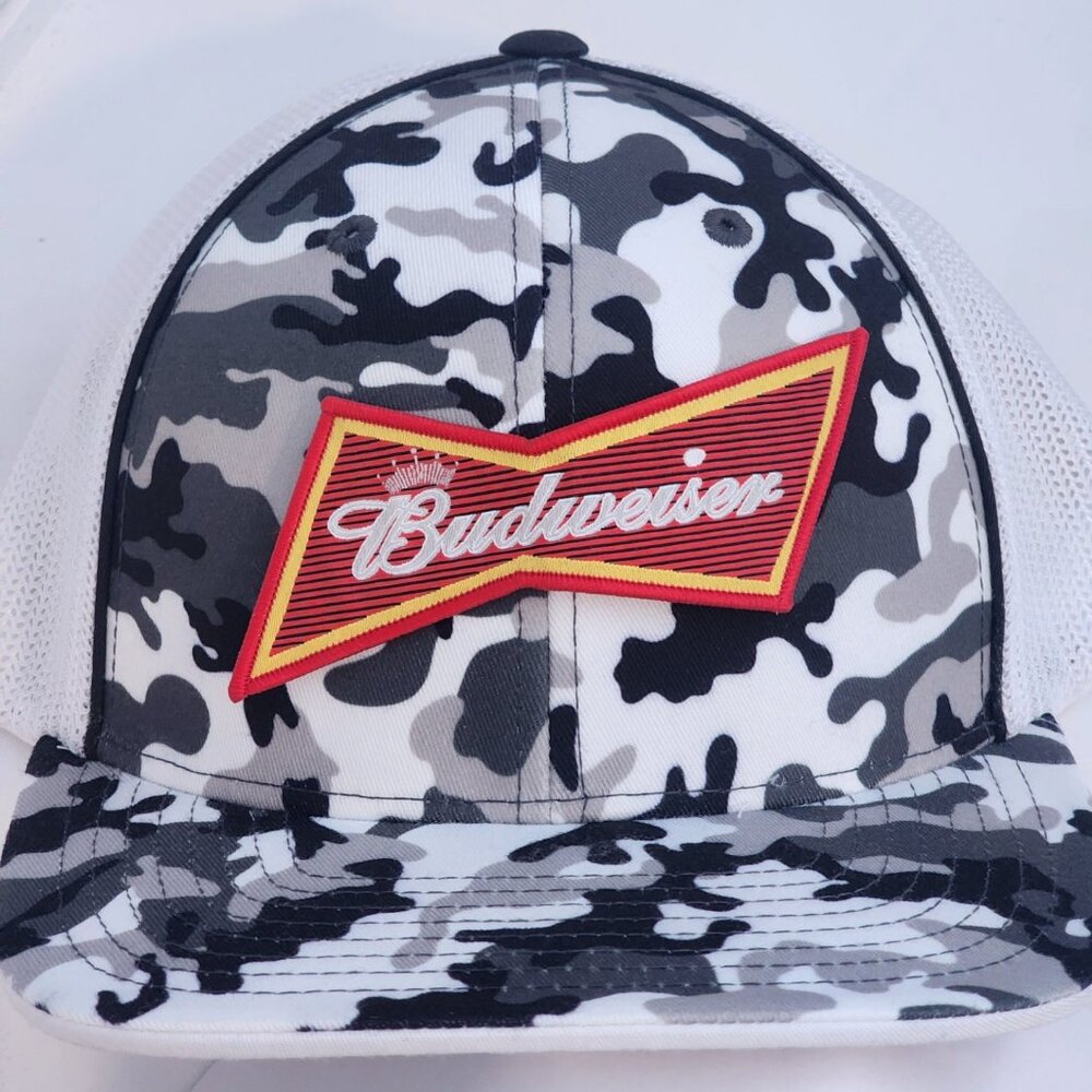 Budweiser Patched Pacific Headwear Snow Camo Flexfit Trucker Hat